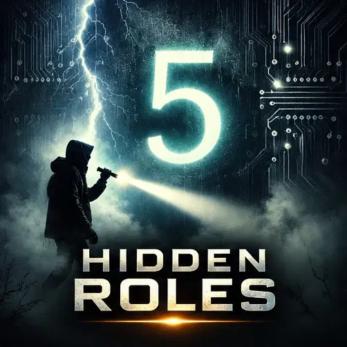 Hidden Roles Part 5 cover art: a hooded figure walking through fog with a flashlight below a glowing number 5 and lightning