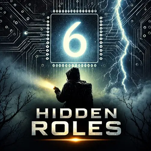A hooded figure with a flashlight in stormy fog beneath a glowing number 6 on a circuit chip, linking to Hidden Roles Part 6