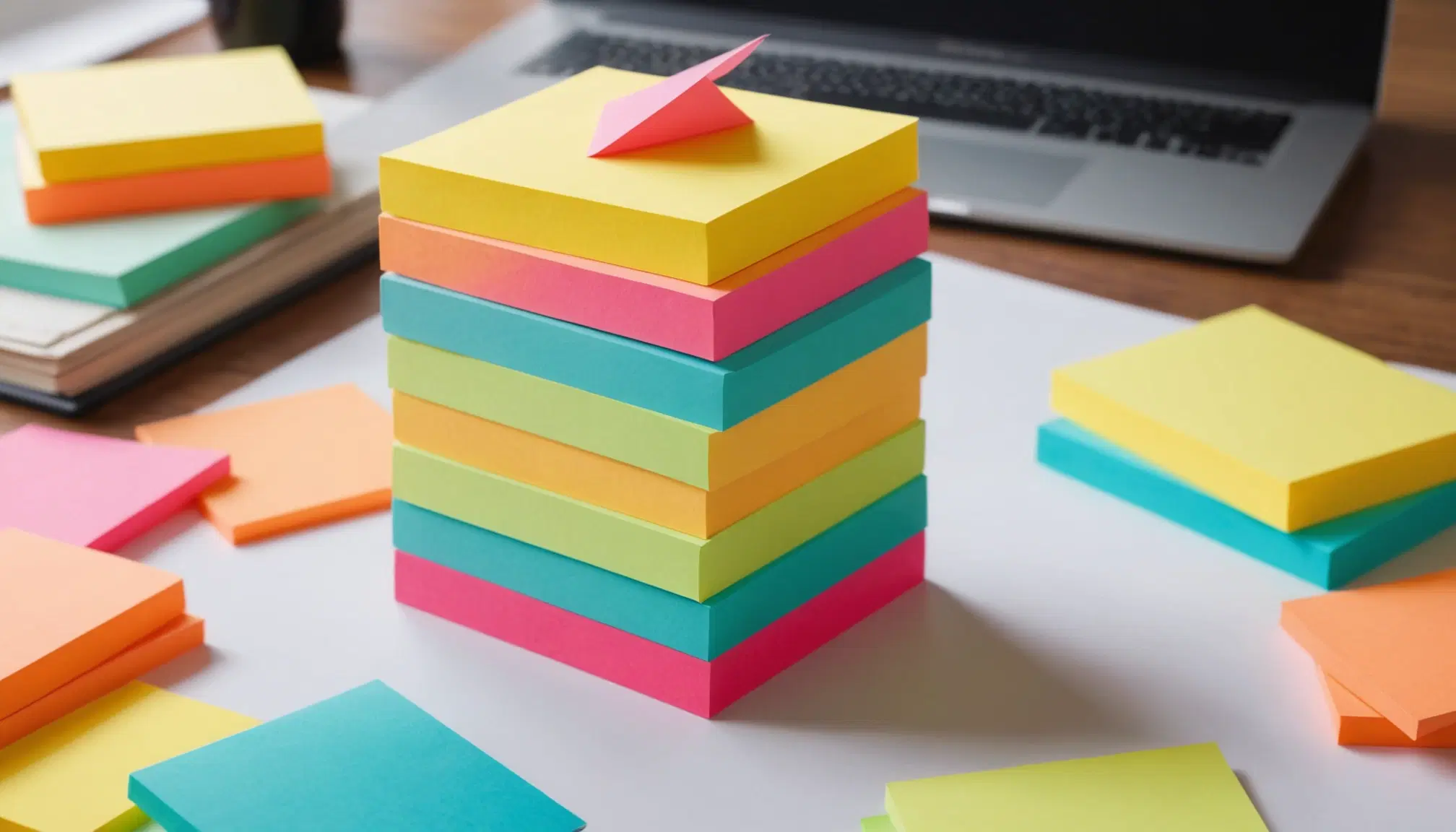 A stack of colorful sticky notes on a desk in front of a laptop, the kind of visual aid used to map out user needs
