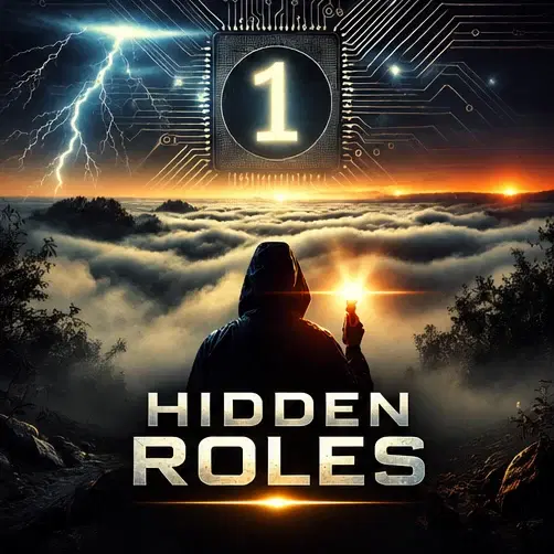 Hidden Roles Part 1 cover art: a hooded figure holding a flashlight above a sea of fog, facing a glowing number 1 on a circuit-board chip amid lightning