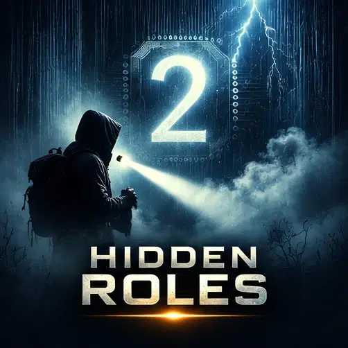 A hooded figure with a flashlight in dark fog facing a glowing number 2 on a circuit board struck by lightning, teasing Hidden Roles Part 2
