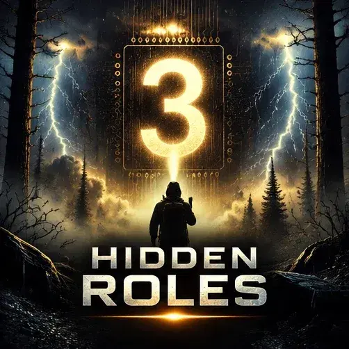 A lone figure with a flashlight in a misty, storm-lit forest looking up at a glowing number 3 made of circuit lines, teasing Hidden Roles Part 3