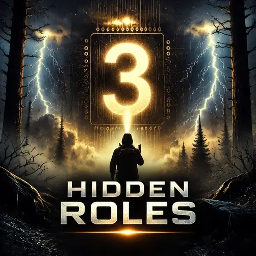 Hidden Roles Part 3 cover art: a hooded figure with a flashlight in a storm-lit forest beneath a glowing number 3 on a circuit board