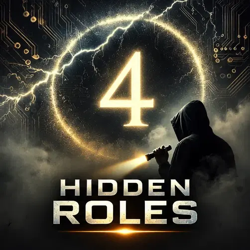 A hooded figure with a flashlight in fog beside a glowing number 4 inside a ring of lightning, linking to Hidden Roles Part 4